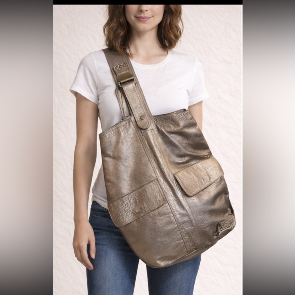 Oversized Metallic Leather Convertible Sling Tote Multi-Wear Brazil Artisan Bag
